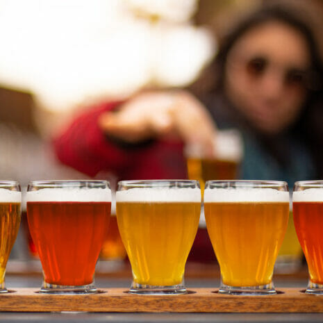 Beer selection on a beer garden table Beer selection on a beer garden table