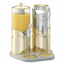 9093059 - ELEGANCE Juice&Milk Dispenser 'Ensemble' Model Gold (2.5 l /3 l) for Juice Dispenser and Milk Can, Juice: dishwasher-proof plastic Container (light), Milk: Stainless Steel Container, FRILICH Stainless Steel Faucet, Drip Grille, Lid, lid handle and Crushed Ice tube made of Stainless Steel (24 carat gold-plated), Cooling Pack inserted in Stainless Steel Base, high-quality Hi-Macs Tray HI-MACS TRAYS ARE MANUFACTURED ON INDIVIDUAL REQUEST AND THEREFORE CANNOT BE EXCHANGED