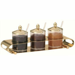 3196011 - ELEGANCE Jam Bar 'Trio'  3 x 0.6 l, Model Gold  Stainless Steel Base (24 carat gold-  plated), dishwasher-proof plastic  Container (frosted Look) with Cut-  Out for Spoon and 'Good Night Lid'