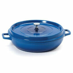 CA-015-CB/BK/CC - 7.5 qt. Cast Aluminum, Cobalt Blue with Clear Coat and Black Interior, Induction Ready Round Braiser with Lid, (8 qt. rim-full), 14.74" Top Dia., (17.96" Top Dia. with Handles), 5.2" Tall with Lid, 3.17" Deep, G.E.T. Heiss