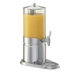 3170012 - 5.3 qt. / 1.3 gal. / 5L Juice Dispenser Set with Stainless Steel Base. Includes SAN Plastic Container, Crushed Ice Tube, Drip Tray, and Cooling Pack in the Base. 14.6" x 9.3", 19.3" tall. FRILICH ESC050E ELEGANCE