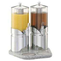 9093070 - ELEGANCE Juice Dispenser 'Ensemble' 2 x 5l, Model Stainless Steel dishwasher-proof plastic Container (opal-frosted Look),FRILICH Stainless Steel Faucet, Drip Grille, Lid, lid handle (24 carat gold-plated) and Crushed Ice tube made of Stainless Steel, Cooling Pack inserted in Stainless Steel Base, high-quality Hi-Macs Tray HI-MACS TRAYS ARE MANUFACTURED ON INDIVIDUAL REQUEST AND THEREFORE CANNOT BE EXCHANGED