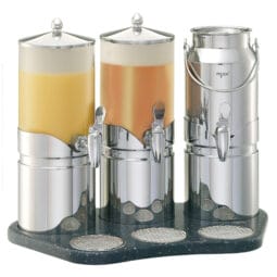 9093083 - ELEGANCE Juice&Milk Dispenser 'Ensemble' Model Stainless Steel (2 x 5l/ 1x 5l) Juice: dishwasher-proof plastic Container (light), Milk: Stainless Steel Container, FRILICH Stainless Steel Faucet, Drip Grille, Lid, lid handle and Crushed Ice tube made of Stainless Steel, Cooling Pack inserted in Stainless Steel Base, high-quality Hi-Macs Tray HI-MACS TRAYS ARE MANUFACTURED ON INDIVIDUAL REQUEST AND THEREFORE CANNOT BE EXCHANGED