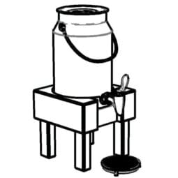 3131042 - 1.3 gal. Stainless Steel Milk Dispenser Set with Beech Wood Stand. Includes Stainless Steel Can, Crushed Ice Tube, Drip Tray, and Cooling Pack. 8.9" x 8.7", 16.3" tall. FRILICH RMC050X PURE NATURE