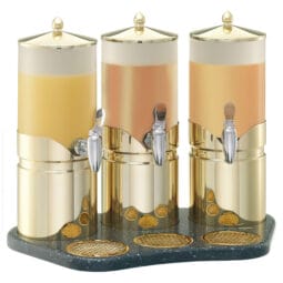 9097039 - ELEGANCE Juice Dispenser 'Ensemble' 3 x 5 l, Model Gold dishwasher-proof plastic Container (opal - frosted Look), FRILICH Stainless Steel Faucet, Drip grille, Lid, lid handle (24 carat gold-plated) and Crushed Ice tube made of Stainless Steel, Cooling Pack inside Stainless Steel Base, high quality Hi-Macs HI-MACS TRAYS ARE MANUFACTURED ON INDIVIDUAL REQUEST AND THEREFORE CONNOT BE EXCHANGED