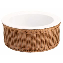 3254050 - 12" Cold Food Display Set with Tan Wicker Basket Base. Includes Insulated Basin, Cooling Pack, and White China Plate. 12.2" dia., 5.7" tall. FRILICH NFC030B302 PICKNICK