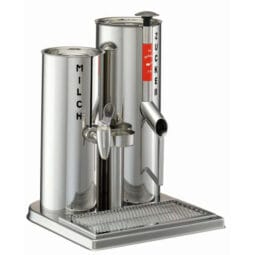 6264010 - GASTRO Coffee Cream-/Granulated Sugar Disp. 'Trio' Stainless Steel case with: - Stainless Steel Container for Coffee Cream (2 liters) - FRILICH Stainless Steel Faucet - 2 Cooling Packs - incl. inscription 'Milk' - dishwasher-proof inner Container (plastic) for Granulated Sugar, 1kg - dosing unit incl. press-button (Attention: assembly dry) - Drip Dish and Drip Grille made of Stainless Steel