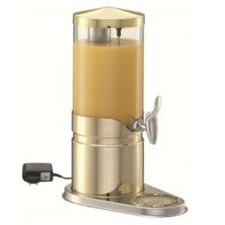 3176010 - ELEGANCE Juice Dispenser 'Extra' Model Gold (5 l) Lid with electrical Stirring System (100 V - 230 V/12V, 13 W) dishwasher-proof plastic Container (light), FRILICH Stainless Steel Faucet, Drip Dish, Drip Grille and Base (24 carat gold-plated), plastic Lid, chromium-plated, Crushed Ice tube made of Stainless Steel, Cooling Pack inside Stainless Steel Base