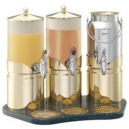 9093088 - ELEGANCE Juice&Milk Dispenser 'Ensemble' Model Gold (2 x 5l/ 1x 5l) Juice: dishwasher-proof plastic Container (opal - frosted Look), Milk: Stainless Steel Container, FRILICH Stainless Steel Faucet, Drip Grille, Lid, lid handle (24 carat gold-plated) and Crushed Ice tube made of Stainless Steel, Cooling Pack inserted in Stainless Steel Base, high-quality Hi-Macs Tray HI-MACS TRAYS ARE MANUFACTURED ON INDIVIDUAL REQUEST AND THEREFORE CANNOT BE EXCHANGED