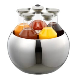3148061 - 5-Carafe Polished Stainless Steel Beverage Tub Set. Includes Double Wall Stainless Steel Tub with Removable Stainless Steel Crushed Ice Tube, 5 Tritan Plastic Carafes (1.3 qt. / 1.2L ea.) with Stainless Steel Lids. 13.8" dia., 12.6" tall w/ Carafes, FRILICH ESC060E001 CARAFINE