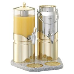 9093060 - ELEGANCE Juice&Milk Dispenser 'Ensemble' Model Gold (2.5 l /3 l) for Juice Dispenser and Milk Can, Juice: dishwasher-proof plastic Container (opal - frosted Look), Milk: Stainless Steel Container, FRILICH Stainless Steel Faucet, Drip Grille, Lid, lid handle and Crushed Ice tube made of Stainless Steel (24 carat gold-plated), Cooling Pack inserted in Stainless Steel Base, high-quality Hi-Macs Tray HI-MACS TRAYS ARE MANUFACTURED ON INDIVIDUAL REQUEST AND THEREFORE CANNOT BE EXCHANGED