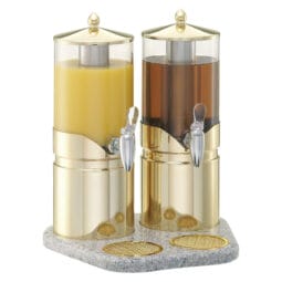 9093055 - ELEGANCE Juice Dispenser 'Ensemble' 2 x 2.5 l, Model Gold dishwasher-proof plastic Container (light), FRILICH Stainless Steel Faucet, Drip Grille, Lid and lid handle (24 carat gold-plated), Crushed Ice tube made of Stainless Steel, Cooling Pack and Stainless Steel Base, high-quality Hi-Macs Tray HI-MACS TRAYS ARE MANUFACTURED ON INDIVIDUAL REQUEST AND THEREFORE CANNOT BE EXCHANGED
