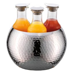 3147063 - 3-Carafe Hammered Stainless Steel Beverage Tub Set. Includes Double Wall Stainless Steel Tub with Removable Stainless Steel Crushed Ice Tube, 3 Tritan Plastic Carafes (1.3 qt. / 1.2L ea.) with Stainless Steel Lids. 12.6" x 12.6", 12.9" tall. FRILICH ESC036E003 CARAFINE
