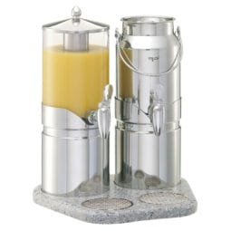 9093058 - ELEGANCE Juice&Milk Dispenser 'Ensemble' Model Stainless Steel (2.5 l /3 l) for Juice Dispenser and Milk Can, Juice: dishwasher-proof plastic Container (opal - frosted Look), Milk: Stainless Steel Container, FRILICH Stainless Steel Faucet, Drip Grille, Lid, lid handle and Crushed Ice tube made of Stainless Steel, Cooling Pack inserted in Stainless Steel Base, high-quality Hi-Macs Tray HI-MACS TRAYS ARE MANUFACTURED ON INDIVIDUAL REQUEST AND THEREFORE CANNOT BE EXCHANGED