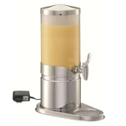 3172011 - ELEGANCE Juice Dispenser 'Extra' Model Stainless Steel (5 l) Lid with electrical Stirring System (100 V - 230 V/12V, 13 W) dishwasher-proof plastic Container (opal - frosted Look), FRILICH Stainless Steel Faucet, Drip Dish, Drip Grille, plastic Lid, chromium-plated, Crushed Ice tube made of Stainless Steel, Cooling Pack inside Stainless Steel Base