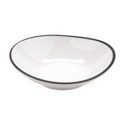 B-100-W/BK - 10 oz. White with Black Trim, Enamelware Melamine Shallow Bowl, 12 oz. rim-full, 7" x 6.75", 1.5" deep, G.E.T. Settlement Bistro