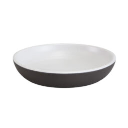 B625R2T-WS/CH - Melamine Round Coupe Plate - White Speckle Inside, Chocolate Outside