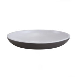 B1025R2T-WS/CH - Melamine Round Coupe Plate - White Speckle Inside, Chocolate Outside