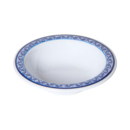 B-454-DE - 4.5 oz (5 oz Rim-Full), 4.75" dia, 1.25" H Round Narrow Rim Bowl, White with Blue Decal, G.E.T. Diamond Esencia