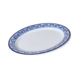 OP-950-DE - 9.75" W x 7.25"L Wide Rim Oval Platter, White with Blue Decal, G.E.T. Diamond Esencia