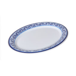 OP-120-DE - 12" W x 9"L Wide Rim Oval Platter, White with Blue Decal, G.E.T. Diamond Esencia