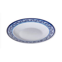 B-2412-DE - 24 oz (1.1 qt. Rim-Full), 12.5" dia, 2" H Round Wide Rim Bowl, White with Blue Decal, G.E.T. Diamond Esencia